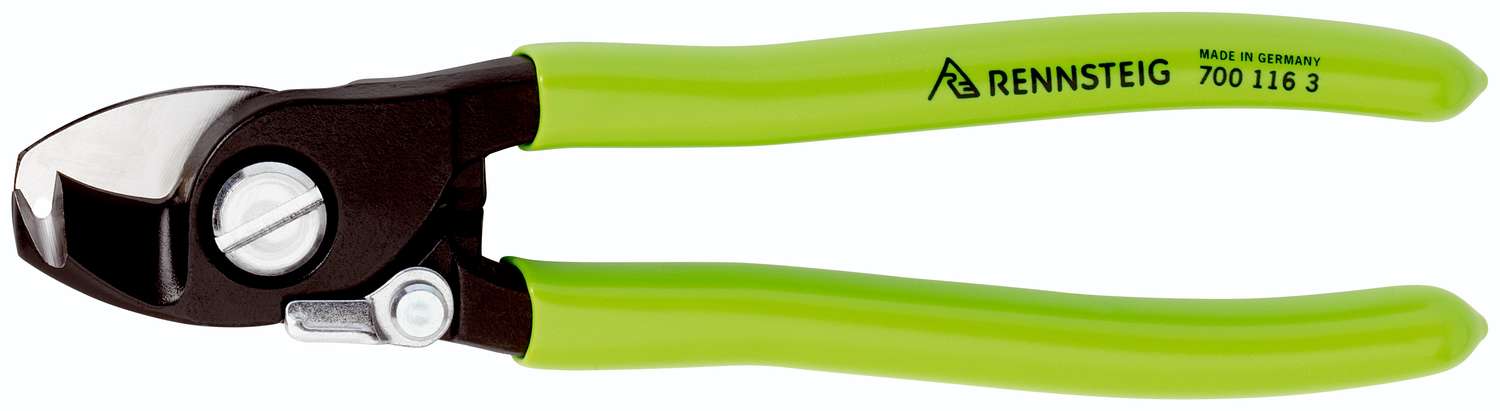 Kabelschere D15 mit kunststoffüberzogenen Griffen, Öffnungsfeder und Abisolierfunktion