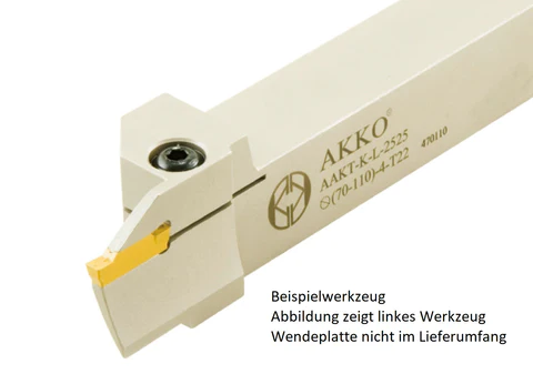 AKKO-Axial-Stechhalter, kompatibel mit Korloy-Stechplatte KG..-4
Schaft-ø 25x25, Einstechbereich ø 44 - ø 70 mm, rechts