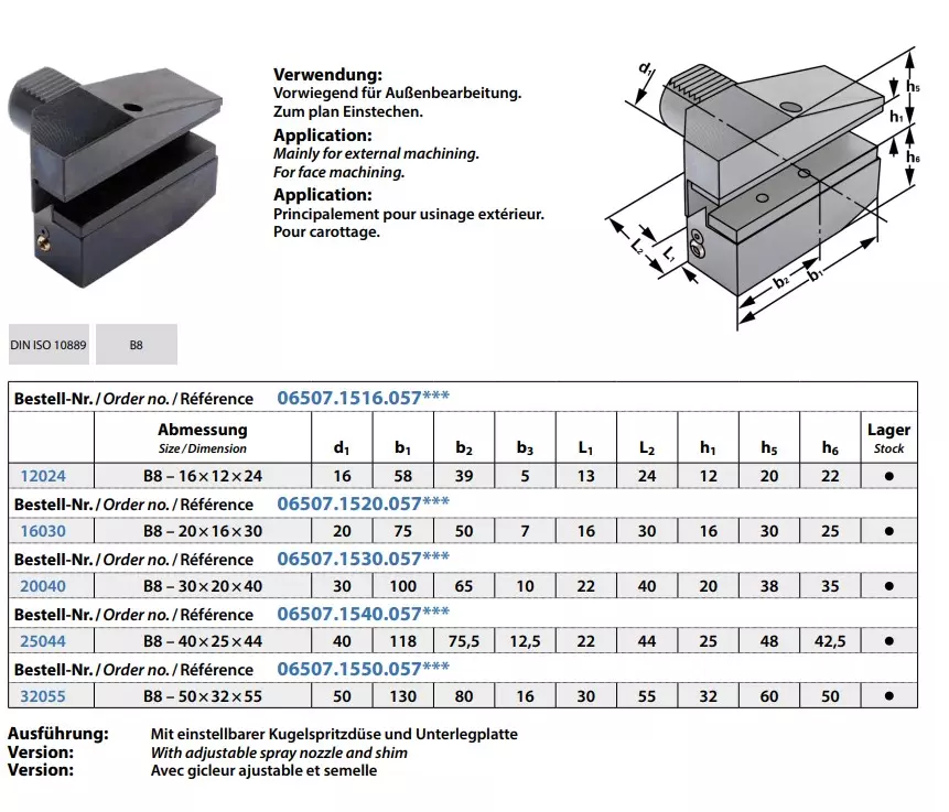 Radial-Werkzeughalter Form B8 Überkopf links, lang