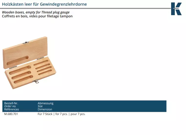 Holzkästen leer für Gewindegrenzlehrdorne 7-teiliger Satz