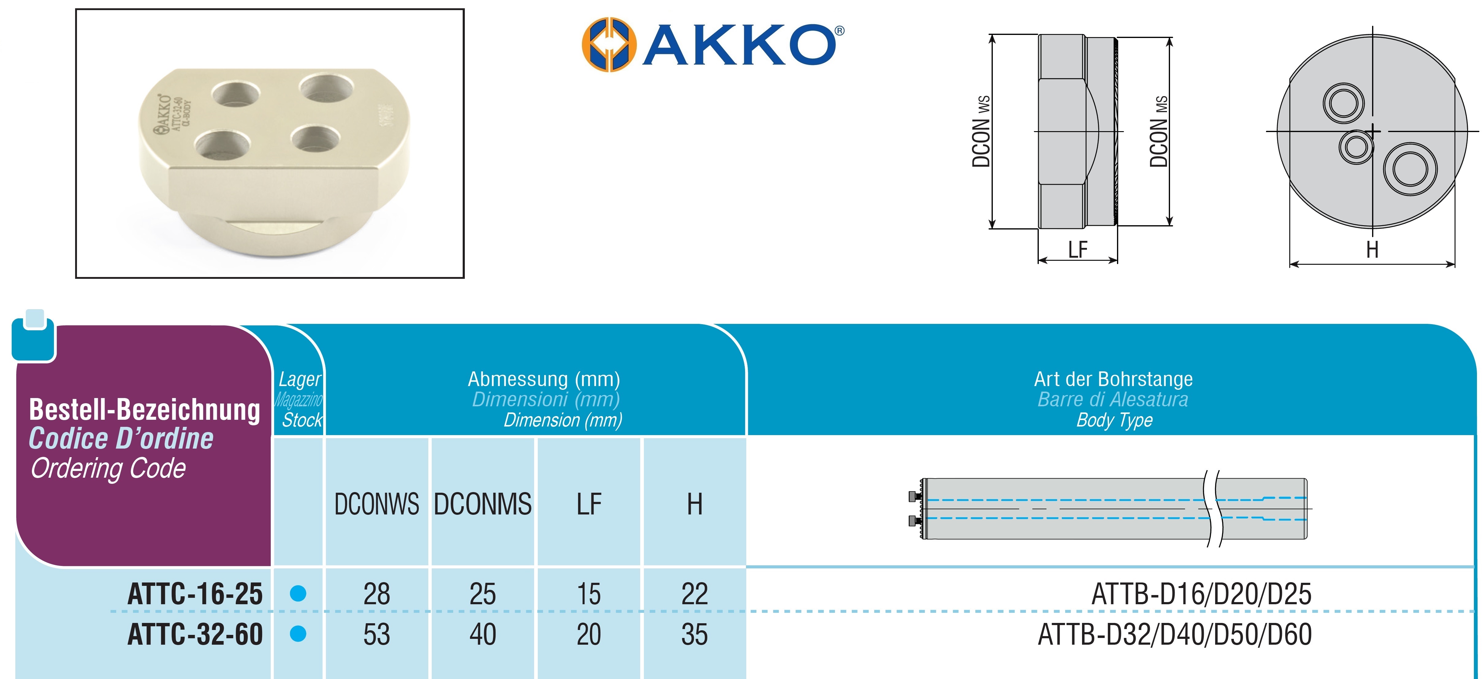 AKKO-Zentrierwerkzeug für schwingungsgedämpfte Bohrstangen ATTB mit ø 16 mm, ø 20 mm oder ø 25 mm

