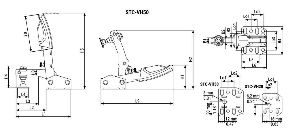 Senkrechtspanner mit offenem Arm und waagrechter Grundplatte STC-VH