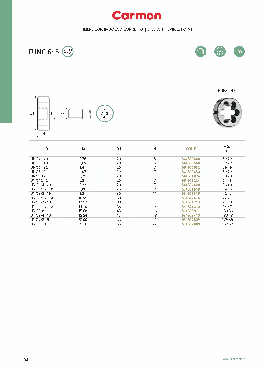 Carmon FUNC 645 Schneideisen UNC 12 - 24, HSS