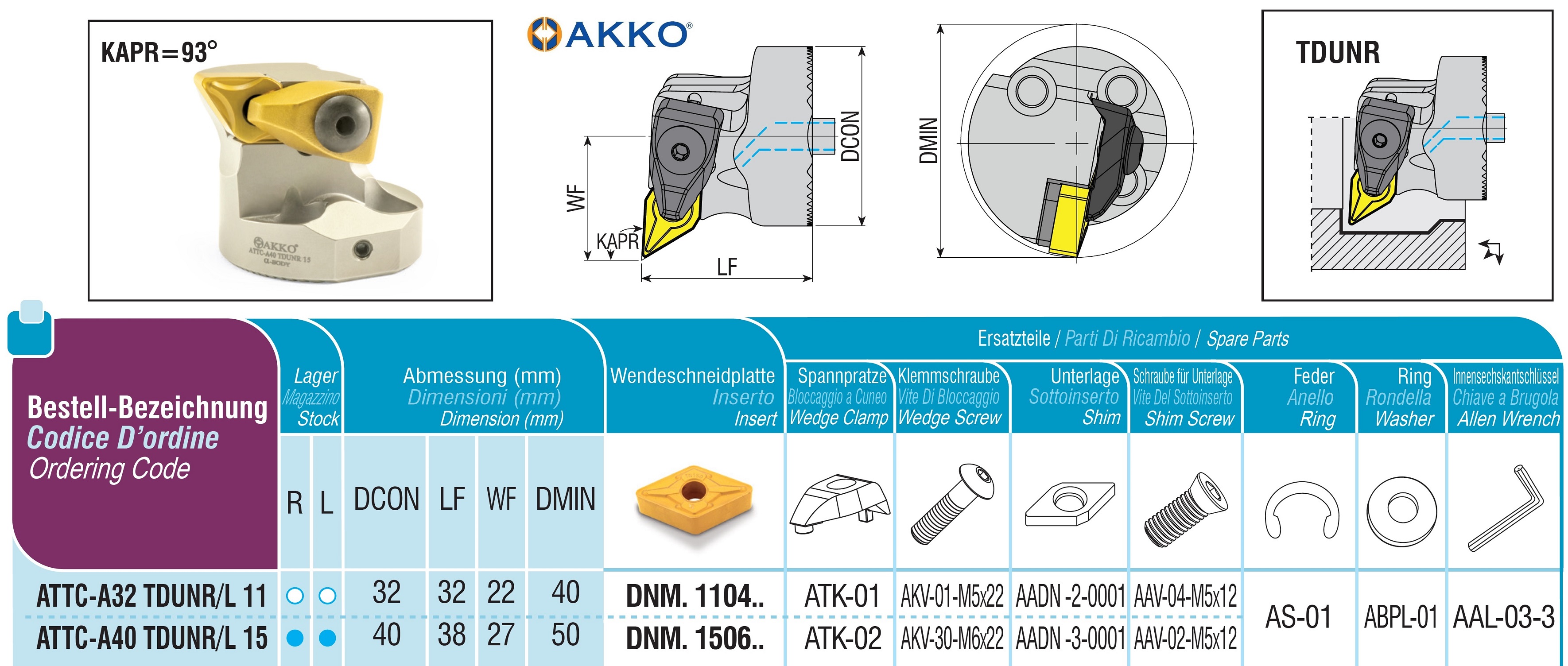 AKKO-Wechselkopf für schwingungsgedämpfte Bohrstange, ø = 32 mm, für Wendeplatte DNM. 1104.., mit Innenkühlung, für eine hohe Oberflächenqualität bei großer Auskraglänge, rechte Ausführung 