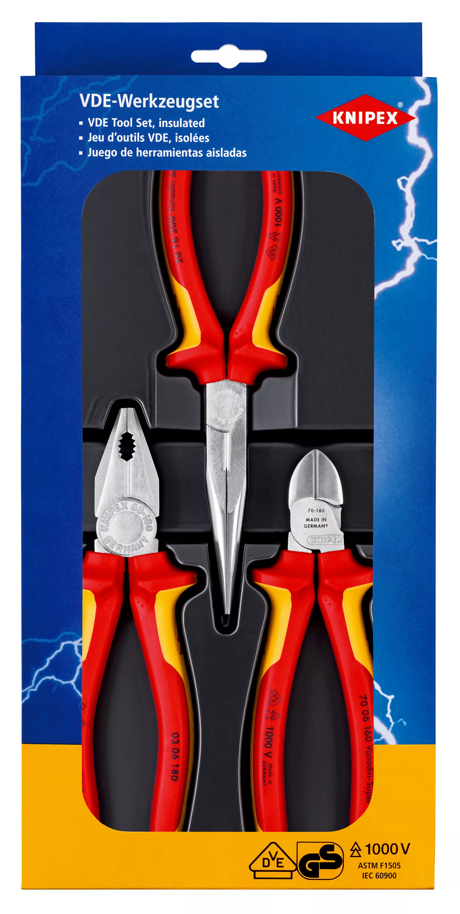KNIPEX 00 20 12 Elektro-Paket 1 x 03 06 180, 1 x 26 16 200, 1 x 70 06 160 