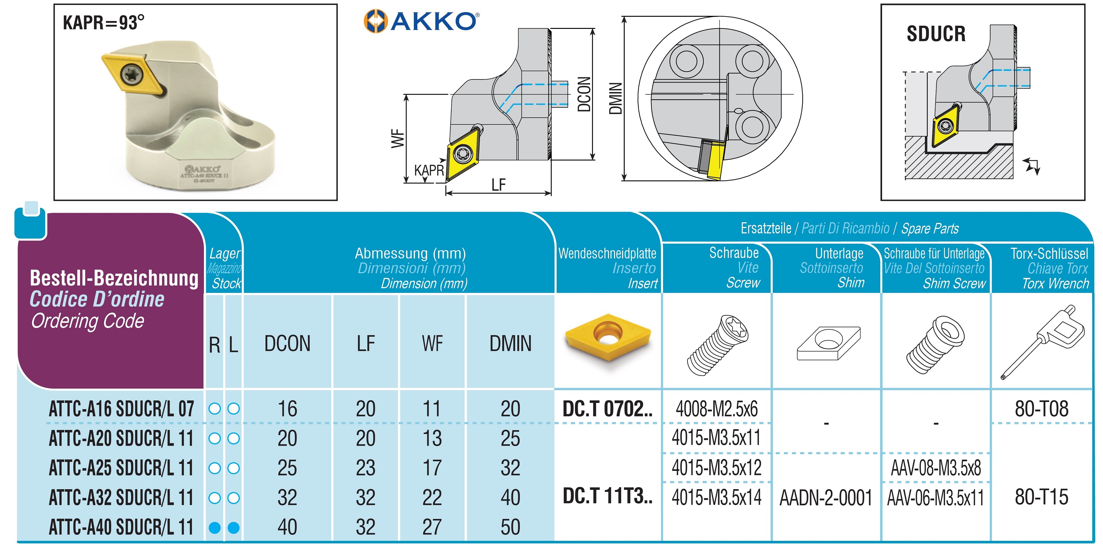 AKKO-Wechselkopf für schwingungsgedämpfte Bohrstange, ø = 32 mm, für Wendeplatte DC.T 11T3.., mit Innenkühlung, für eine hohe Oberflächenqualität bei großer Auskraglänge, linke Ausführung
