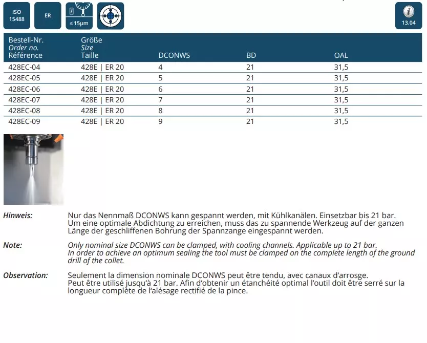 Spannzangen mit Kühlkanalbohrungen ISO 15488 B (DIN 6499 B) | ER System