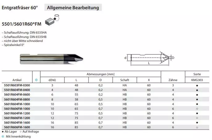 Seitenansicht des beschichteten Entgratfräsers KMG303 mit 6 Zähnen und Ø 10 mm