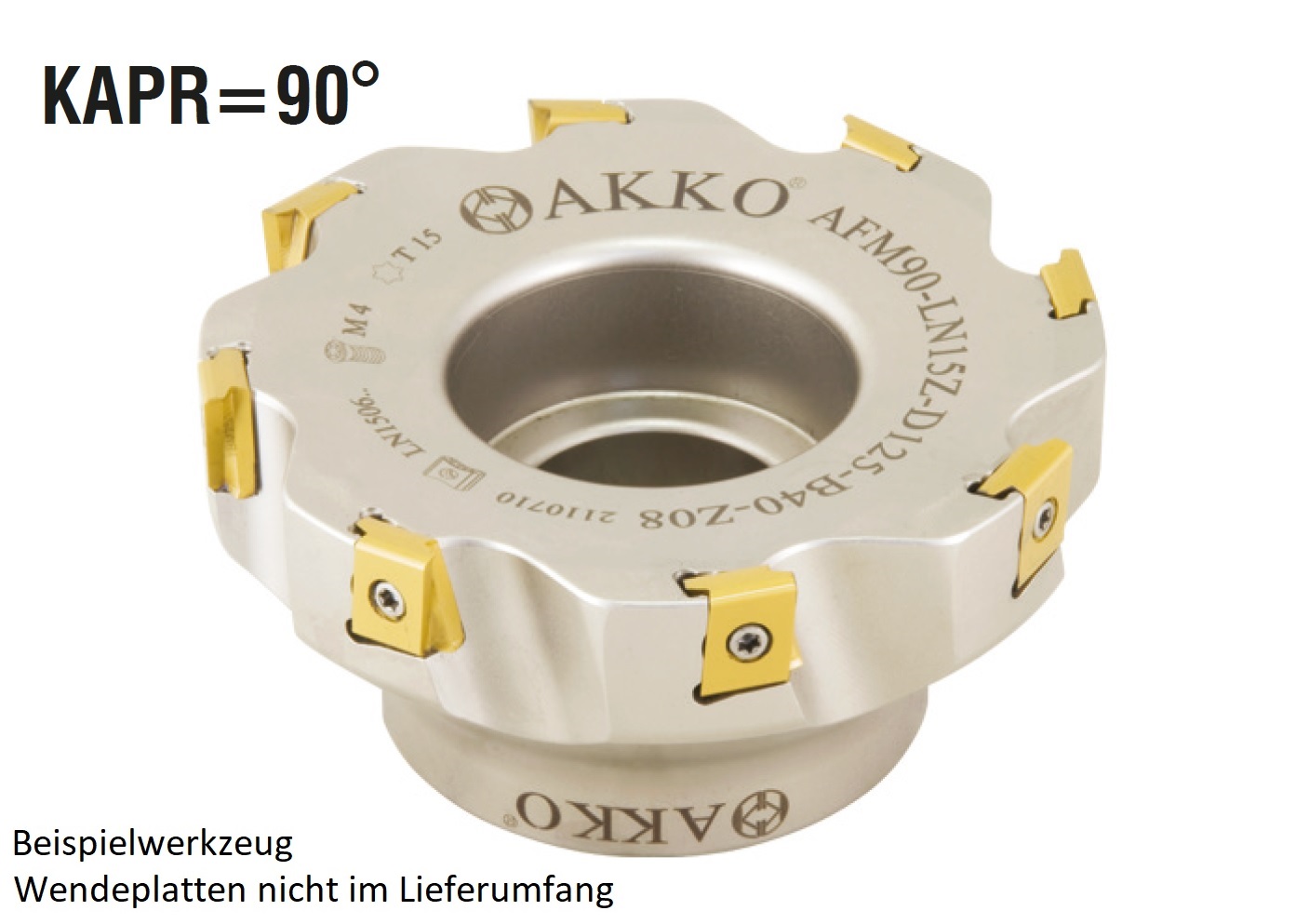 AKKO-Eckmesserkopf ø 50 mm, 90° Anstellwinkel, kompatibel mit ZCC LNKT 1506..
Schaft-Ausführung ø 22 mm (Typ A), ohne Innenkühlung, Z=4