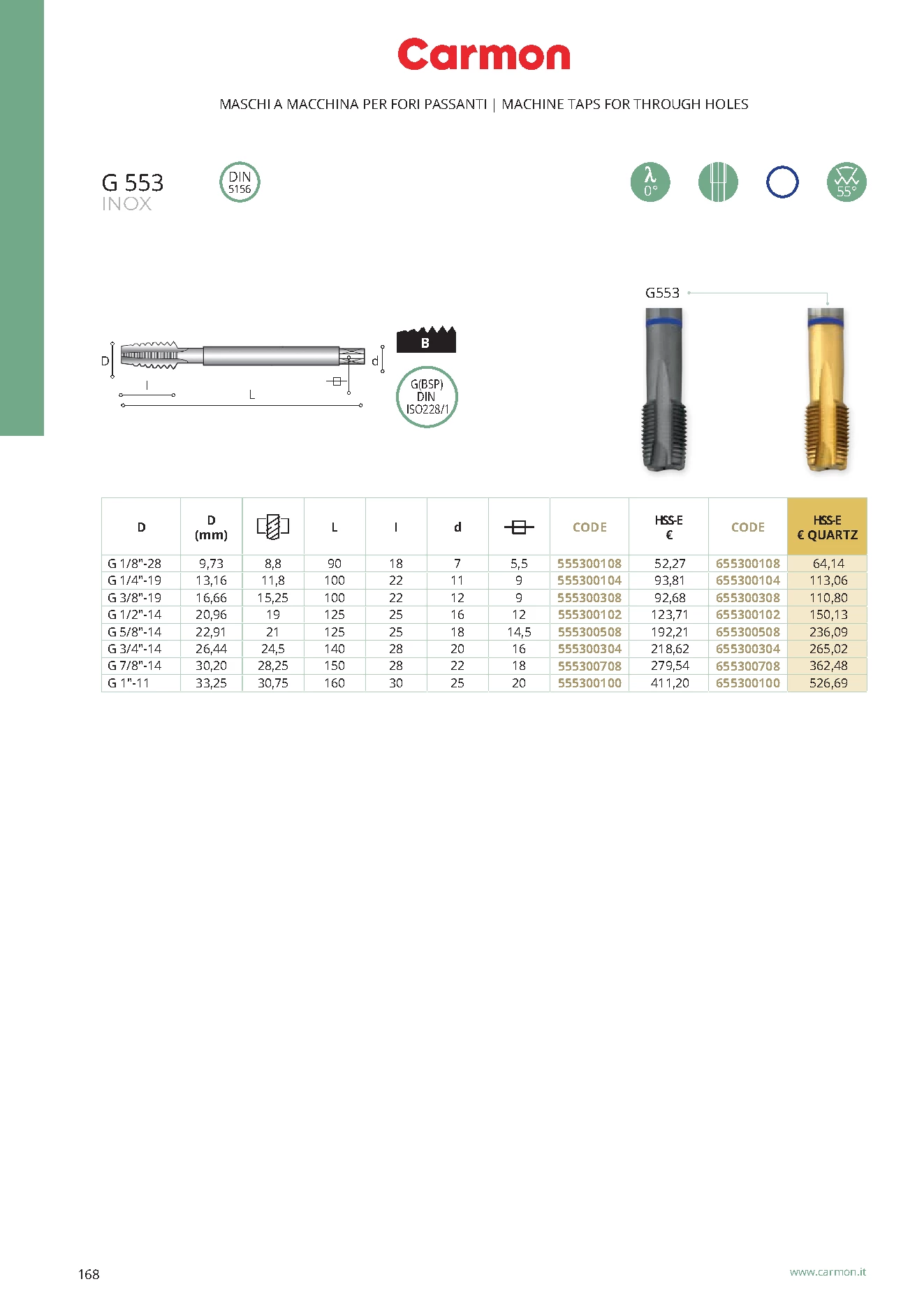 Carmon G 553 Maschinengewindebohrer G 3/8"-19, HSS-E Quartz
