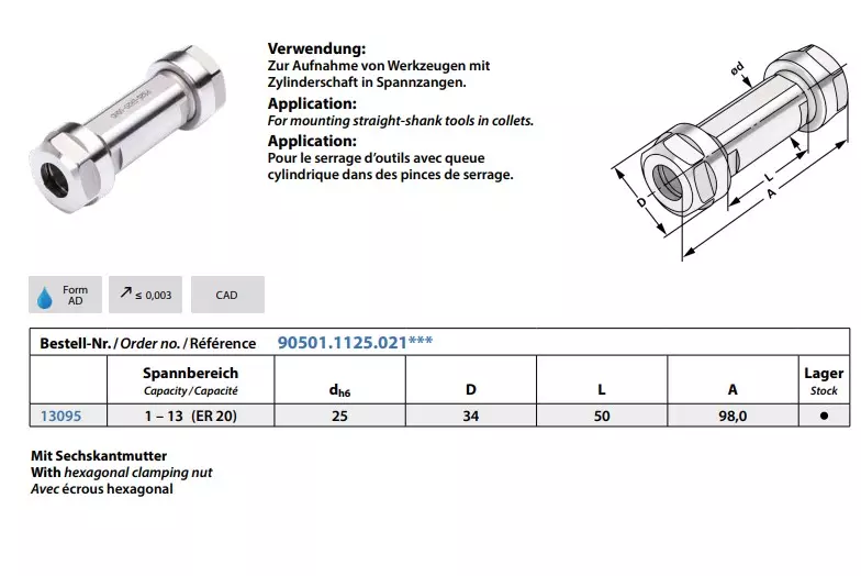 Doppel-Spannzangenhalter mit Zylinderschaft und Spannfläche für Spannzangen DIN 6499 System ER