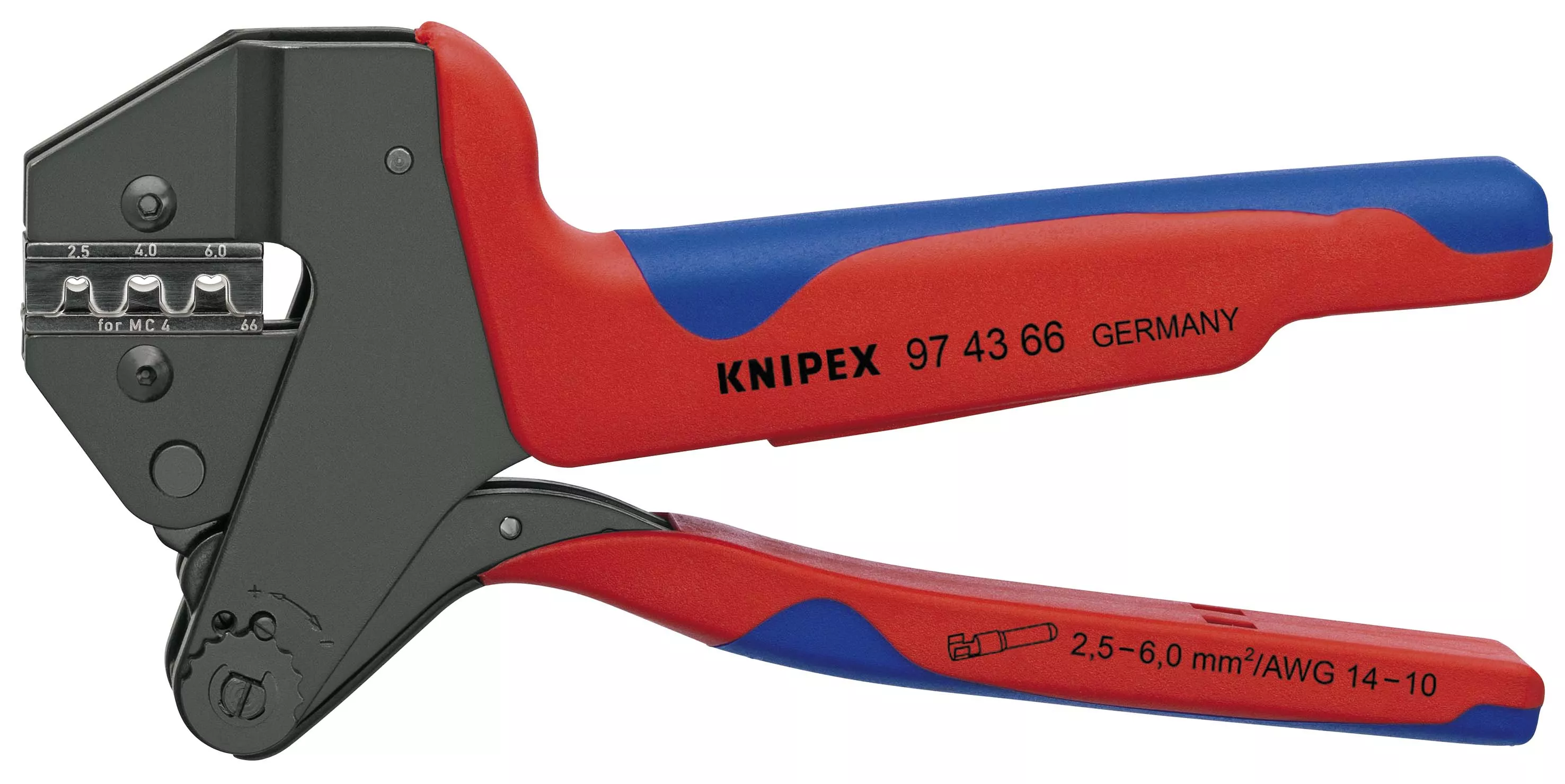 KNIPEX 97 43 66 Crimp-Systemzange MC4 & MC4 EVO2 für auswechselbare Crimpeinsätze für MC4 Multi-Connect-Verbinder (bis 6 mm²) mit Mehrkomponenten-Hüllen brüniert 200 mm