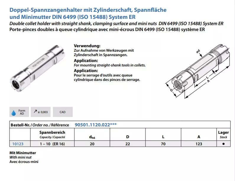Doppel-Spannzangenhalter mit Zylinderschaft, Spannfläche und Minimutter DIN 6499 System ER