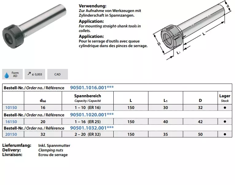 Spannfutter mit Zylinderschaft für Spannzangen DIN 6499 (ISO 15488) System ER