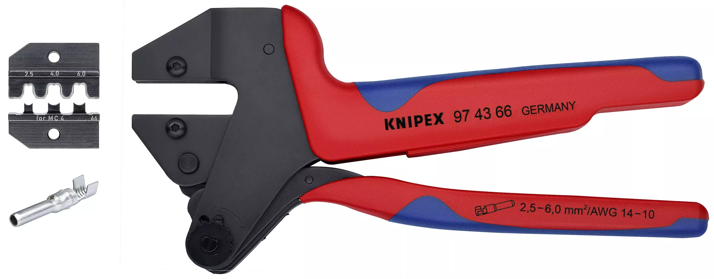 KNIPEX 97 43 66 Crimp-Systemzange MC4 & MC4 EVO2 für auswechselbare Crimpeinsätze für MC4 Multi-Connect-Verbinder (bis 6 mm²) mit Mehrkomponenten-Hüllen brüniert 200 mm