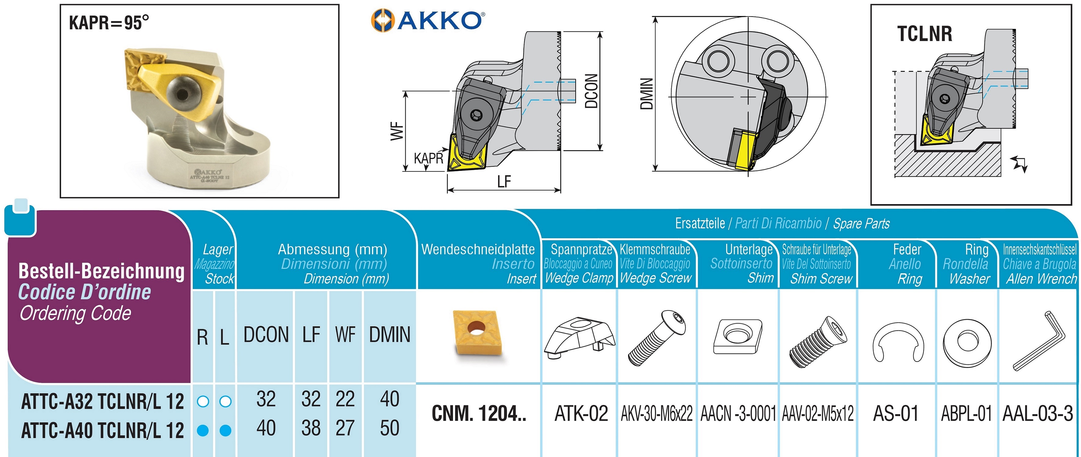 AKKO-Wechselkopf für schwingungsgedämpfte Bohrstange, ø = 40 mm, für Wendeplatte CNM. 1204.., mit Innenkühlung, für eine hohe Oberflächenqualität bei großer Auskraglänge, rechte Ausführung 