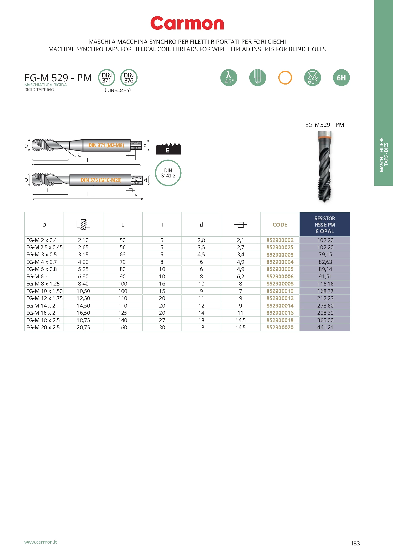 Carmon EG-M 529 PM Maschinengewindebohrer EG-M 14 x 2, HSS-E-PM Opal