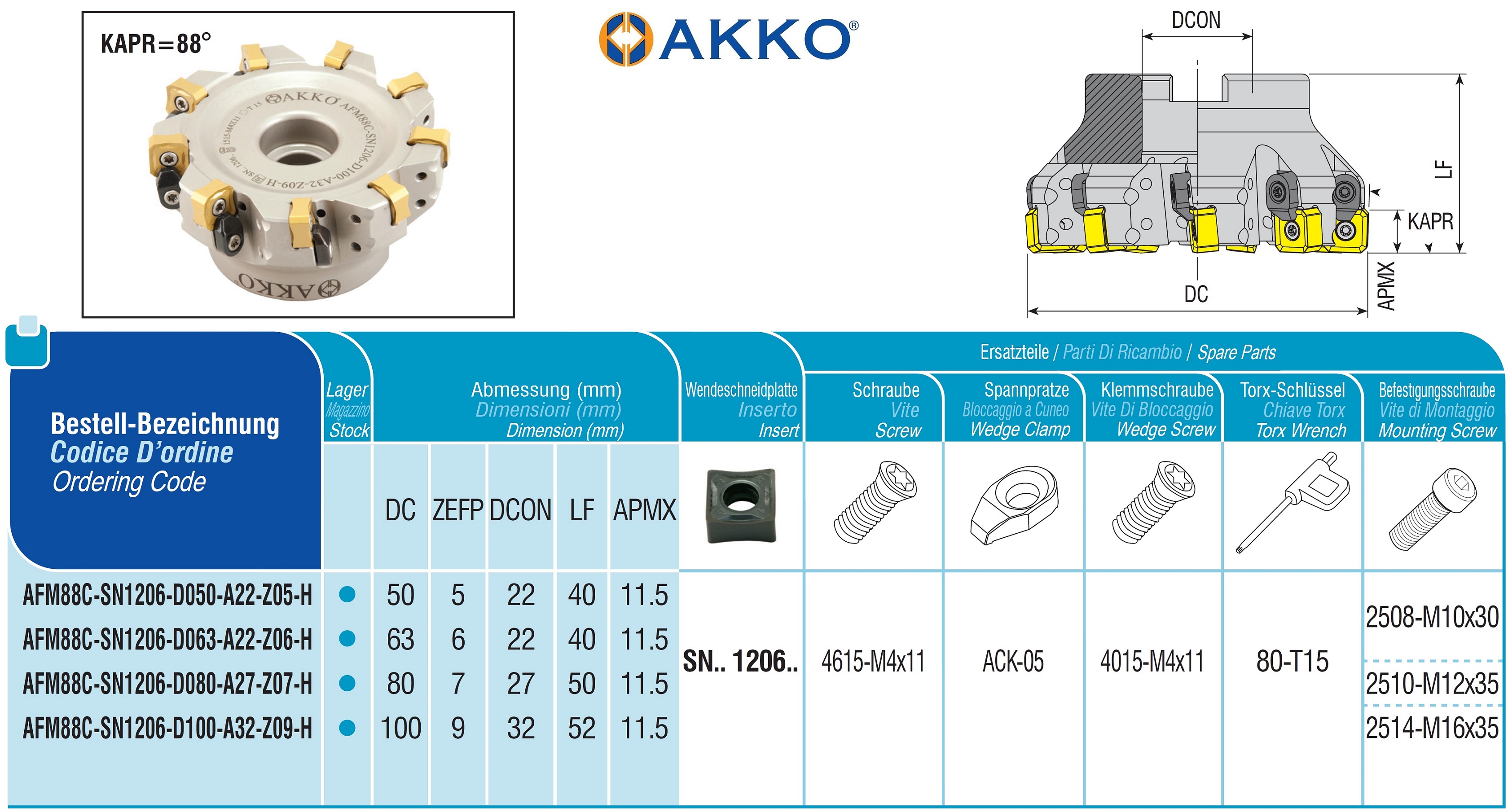 AKKO-Eckmesserkopf ø 80 mm, 88° Anstellwinkel, kompatibel mit Korloy SN.. 1206..Schaft-Ausführung ø 27 mm (Typ A), mit Innenkühlung, Z=7
