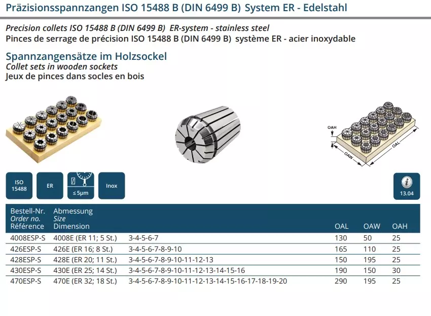 Spannzangensätze im Holzsockel System ER - Edelstahl