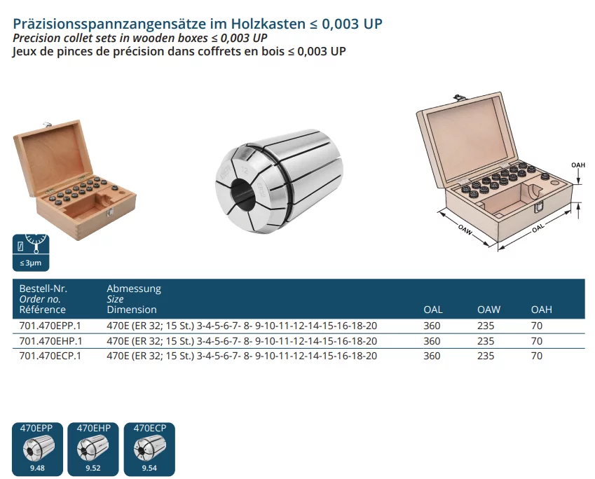 Präzisionsspannzangensätze im Holzkasten ≤ 0,003 UP