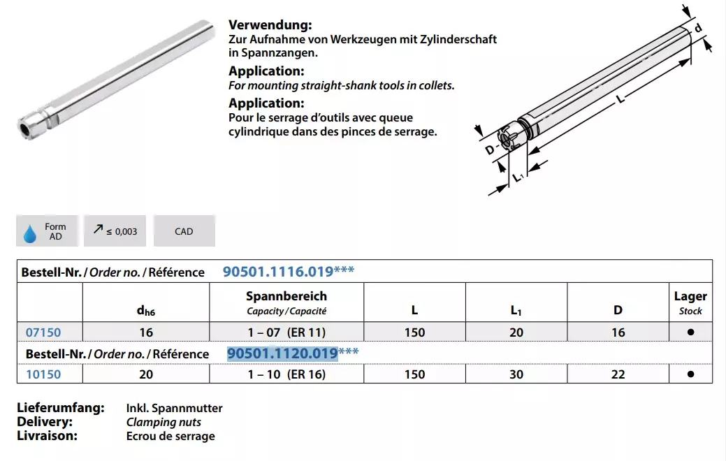 Spannfutter mit Zylinderschaft, Spannfläche und Minimutter DIN 6499 (ISO 15488) System ER
