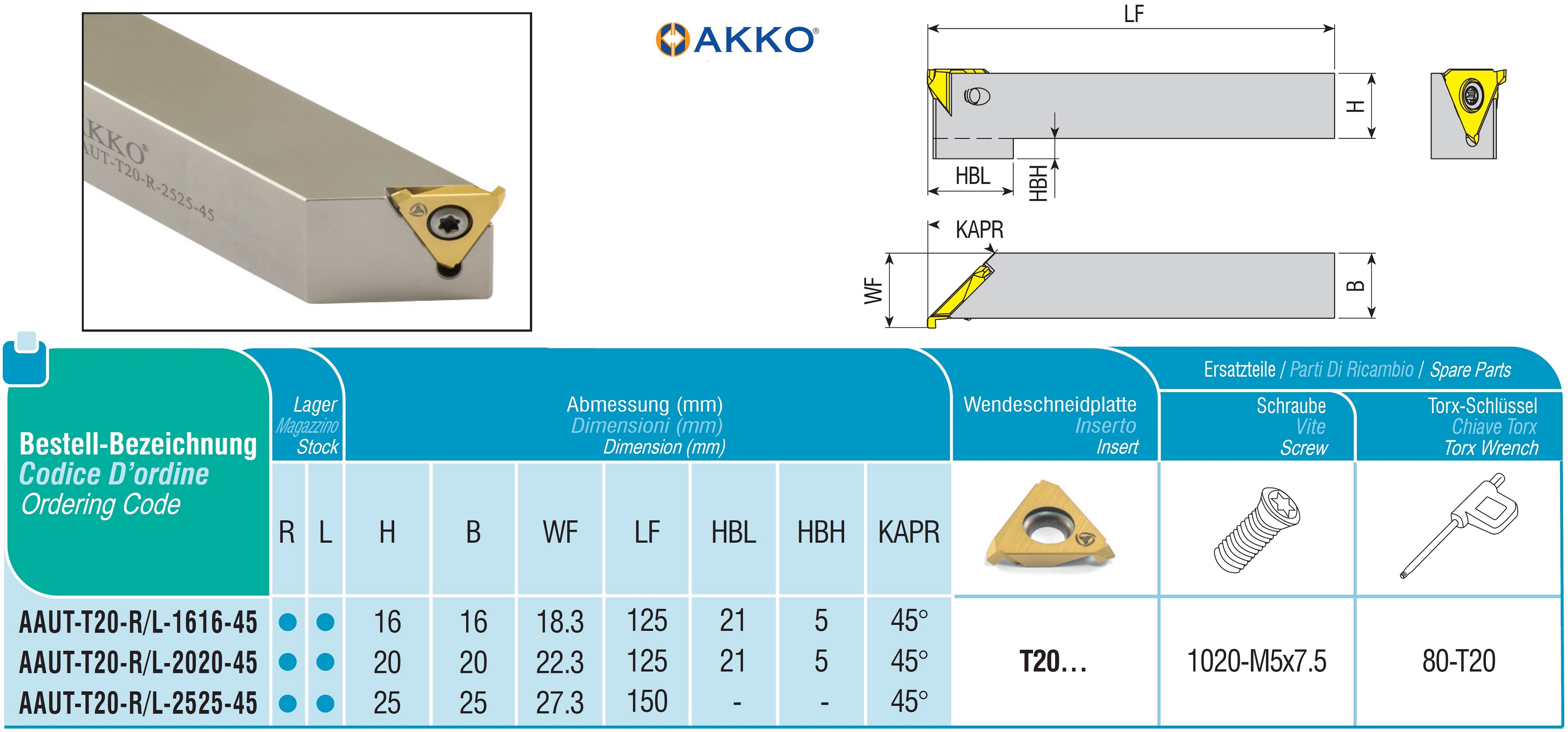AKKO-Drehhalter für axiale Freistiche 25 mm x 25 mm, kompatibel mit AKKO-Wendeplatte T20… Ausführung rechts