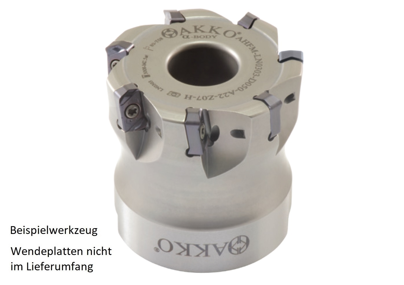 AKKO-Hochvorschub-Messerkopf für Wendeplatten, ø 63 mm, kompatibel mit Tungaloy LNMU 0303..
Aufnahmebohrung ø 22 (Typ A), mit Innenkühlung, Z=9