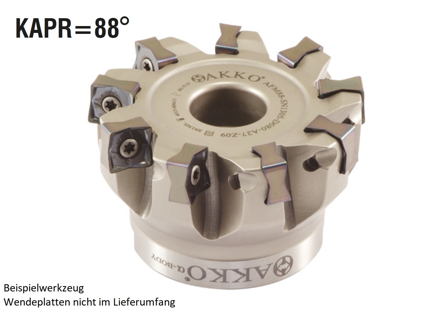 AKKO-Eckmesserkopf ø 63 mm, 88° Anstellwinkel, kompatibel mit Kyocera SNMU 1305..
Schaft-Ausführung ø 22 mm (Typ A), ohne Innenkühlung, Z=7