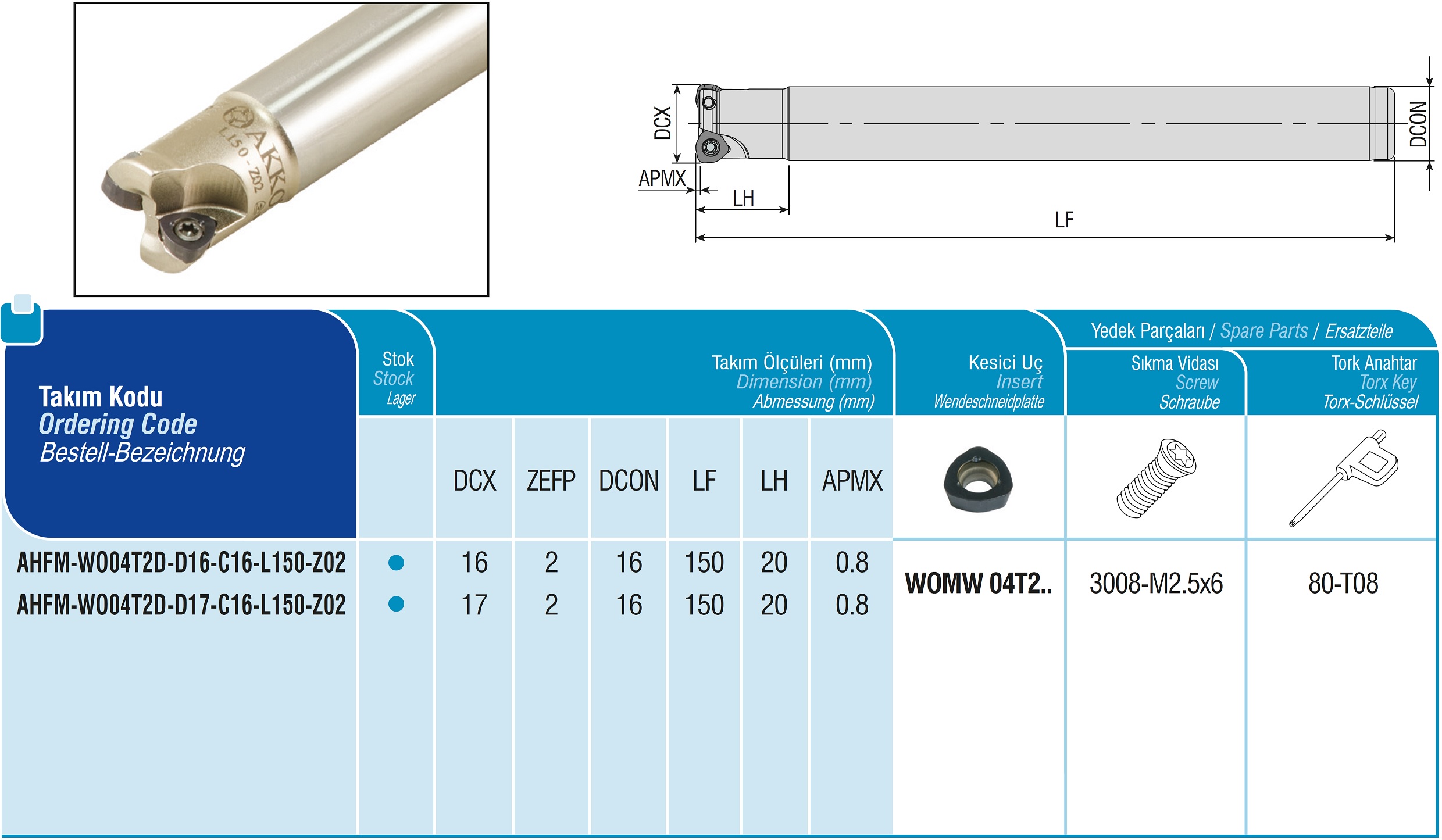 AKKO-Hochvorschub-Schaftfräser ø 16 mm für Wendeplatten, kompatibel mit Dijet WOMW 04T2.... Schaft-ø 16, ohne Innenkühlung, Z=2