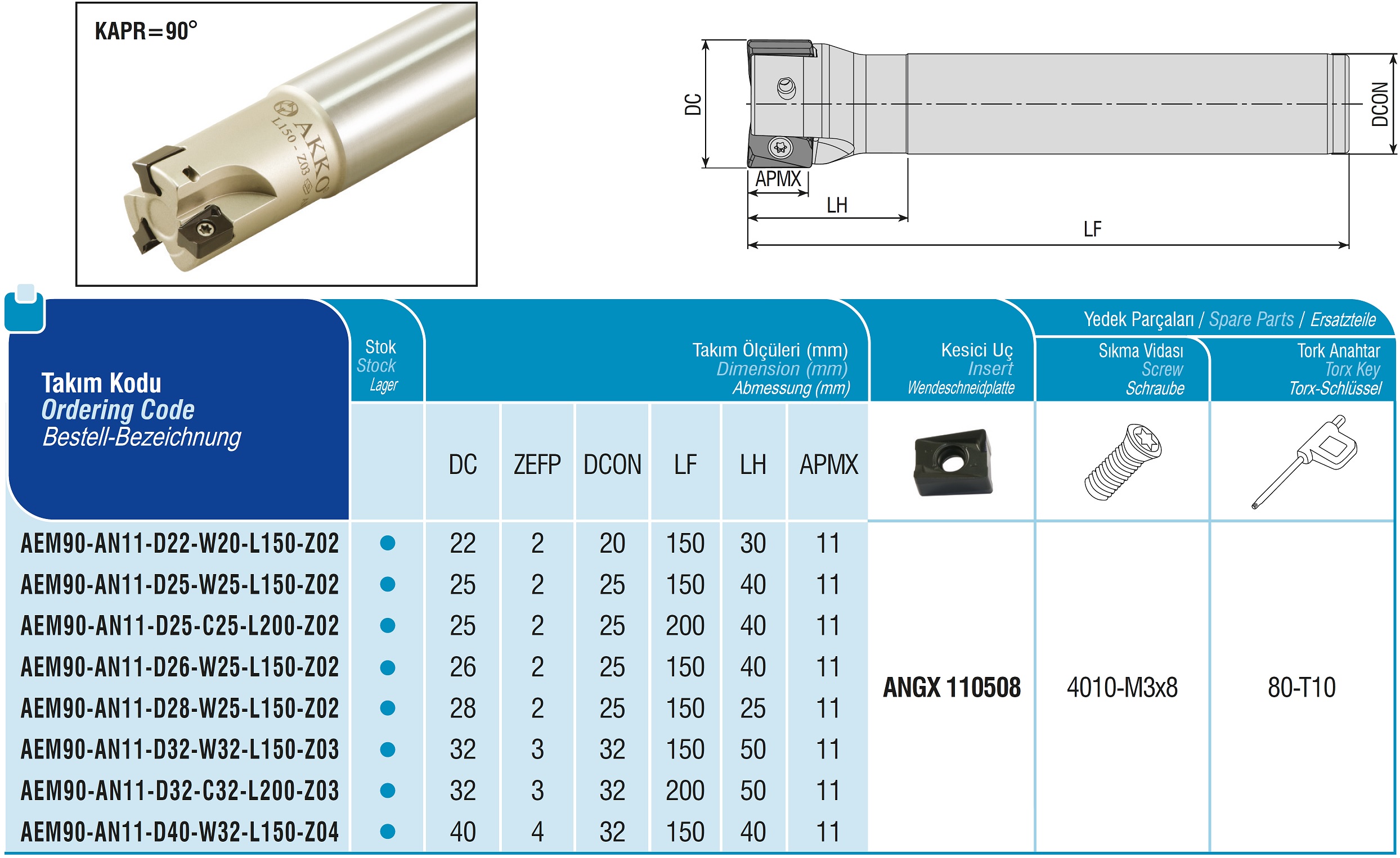 AKKO-Wendeplatten-Schaftfräser ø 40 mm, 90°, kompatibel mit ZCC ANGX 110508 Schaft-ø 32, ohne Innenkühlung, Z=4