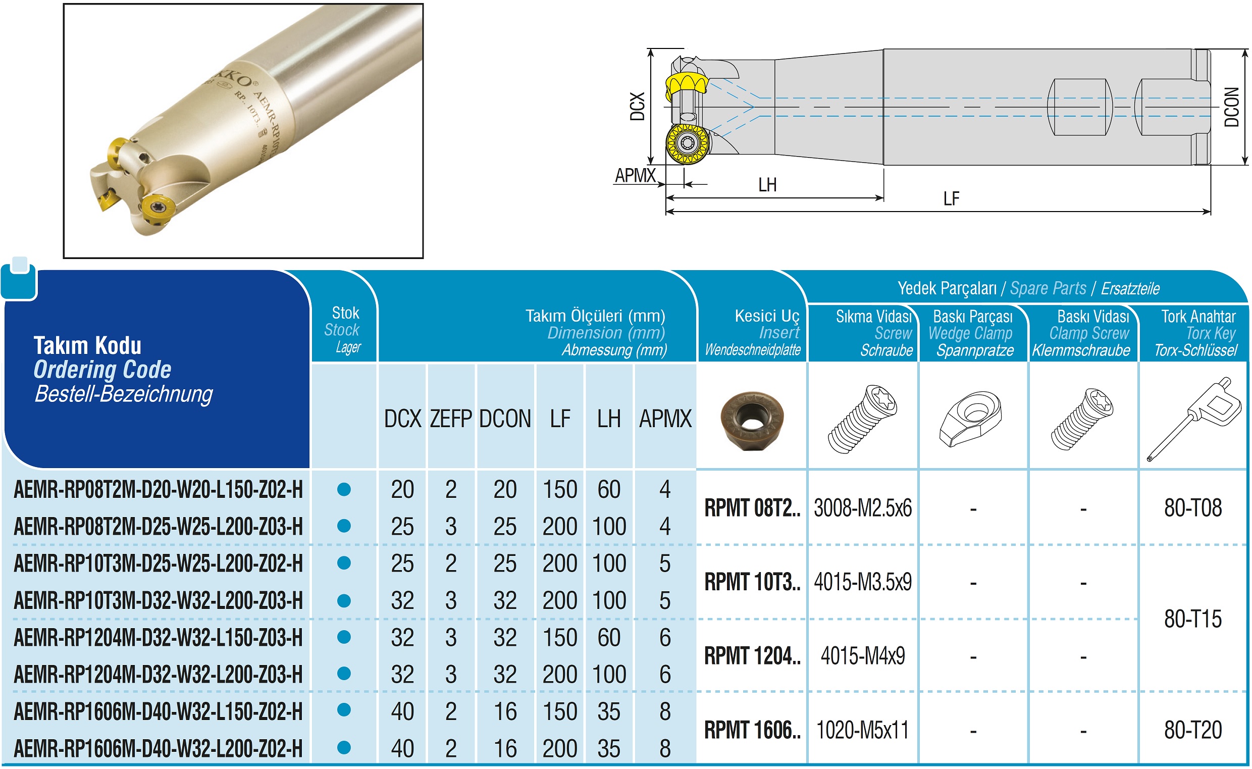 AKKO-Hochvorschub-Schaftfräser ø 20 mm für Wendeplatten, kompatibel mit Mitsubishi RPMT 08T2.... Schaft-ø 20, mit Innenkühlung, Z=2