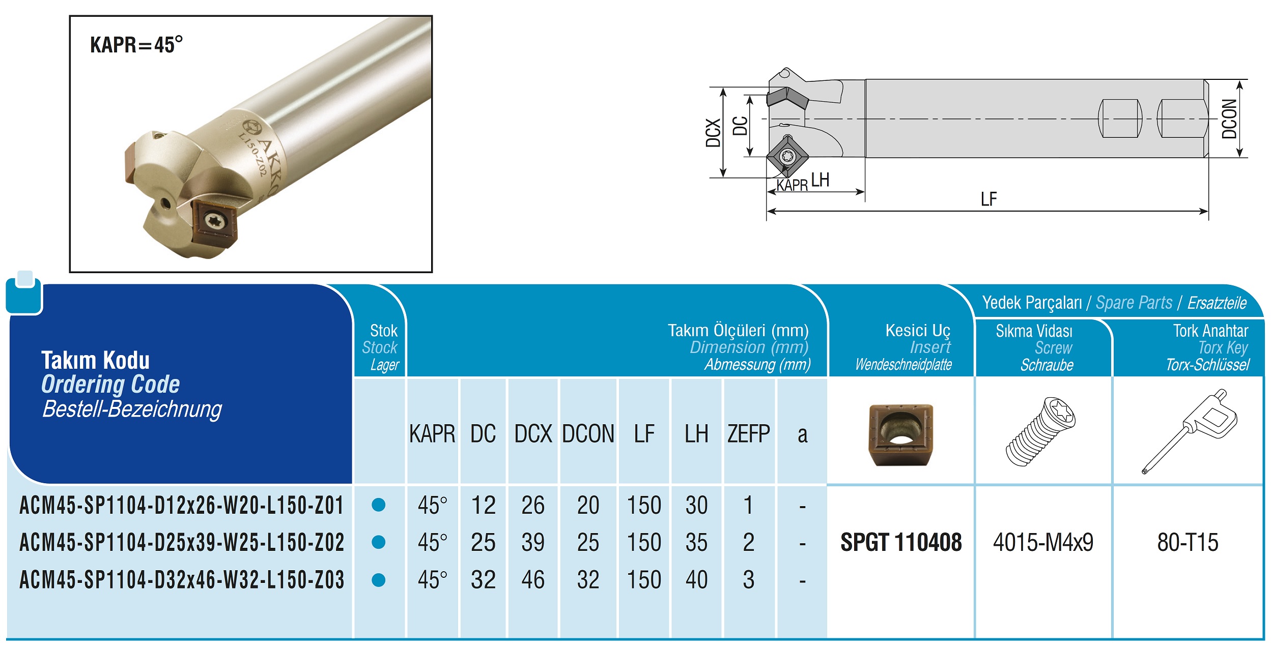 AKKO-Fasfräser 45°, kompatibel mit ZCC SPGT 110408 ø 25 mm auf ø 39 mm, Schaft-ø 25, Z=2