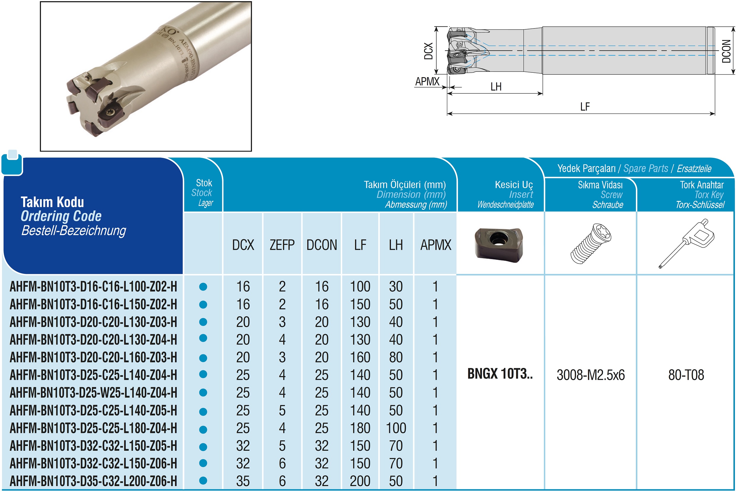 AKKO-Hochvorschub-Schaftfräser ø 32 mm für Wendeplatten, kompatibel mit Pramet BNGX 10T3.... Schaft-ø 32, mit Innenkühlung, Z=5