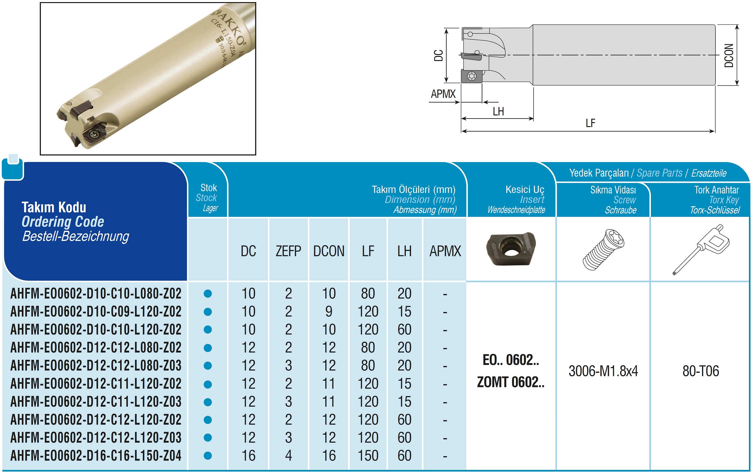AKKO-Hochvorschub-Schaftfräser ø 12 mm für Wendeplatten, kompatibel mit Dijet EO.. ZO.. 0602.... Schaft-ø 11, ohne Innenkühlung, Z=3