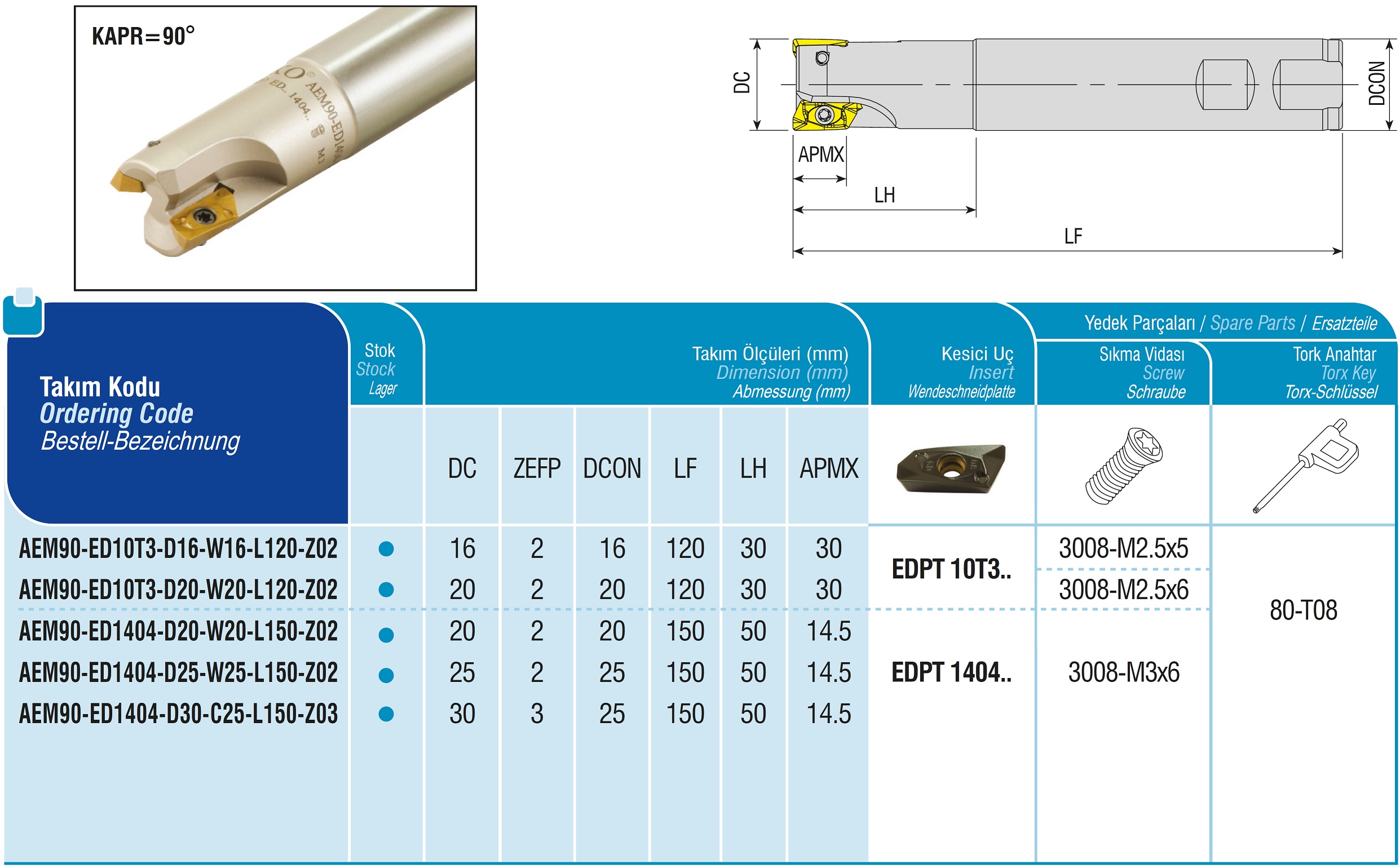 AKKO-Wendeplatten-Schaftfräser ø 16 mm, 90°, kompatibel mit Kennametal EDPT 10T3.. Schaft-ø 16, ohne Innenkühlung, Z=2