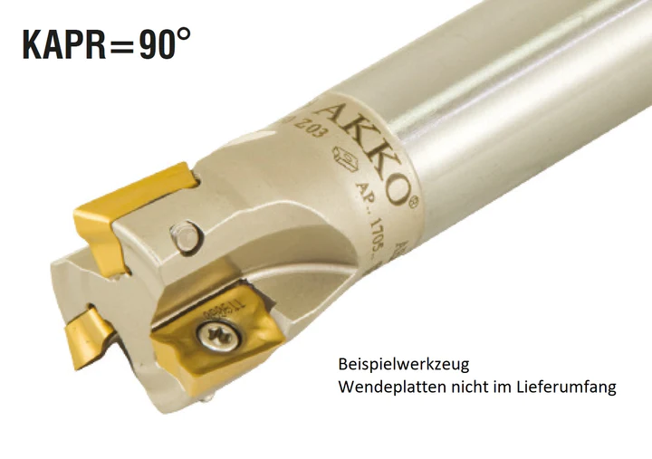 AKKO-Wendeplatten-Schaftfräser ø 20 mm, 90°, kompatibel mit Achteck APMT 1135..
Schaft-ø 20, ohne Innenkühlung, Z=3
