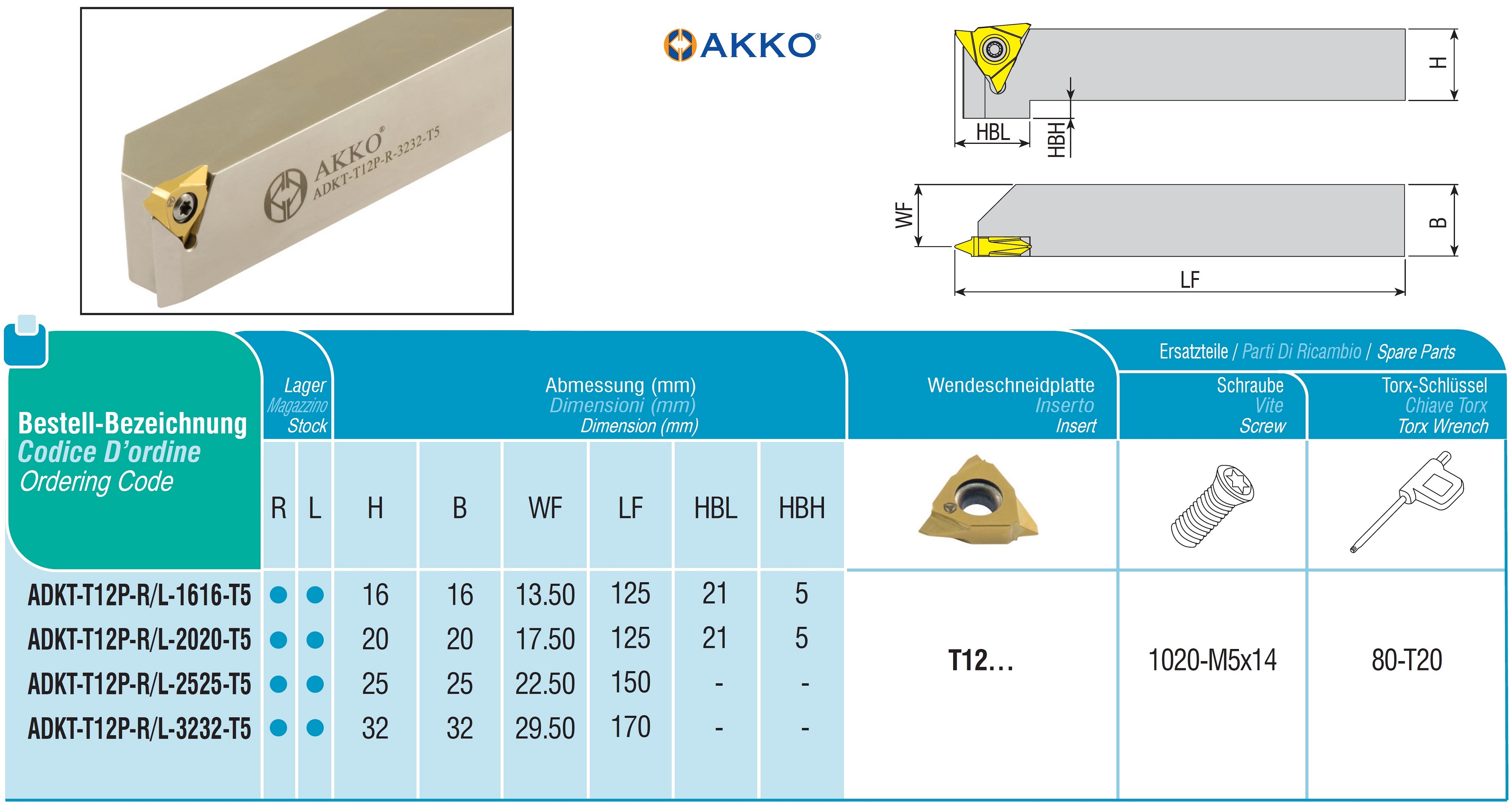 AKKO-Poly-V-Drehhalter 25 mm x 25 mm, kompatibel mit AKKO-Wendeplatte T12… Ausführung links
